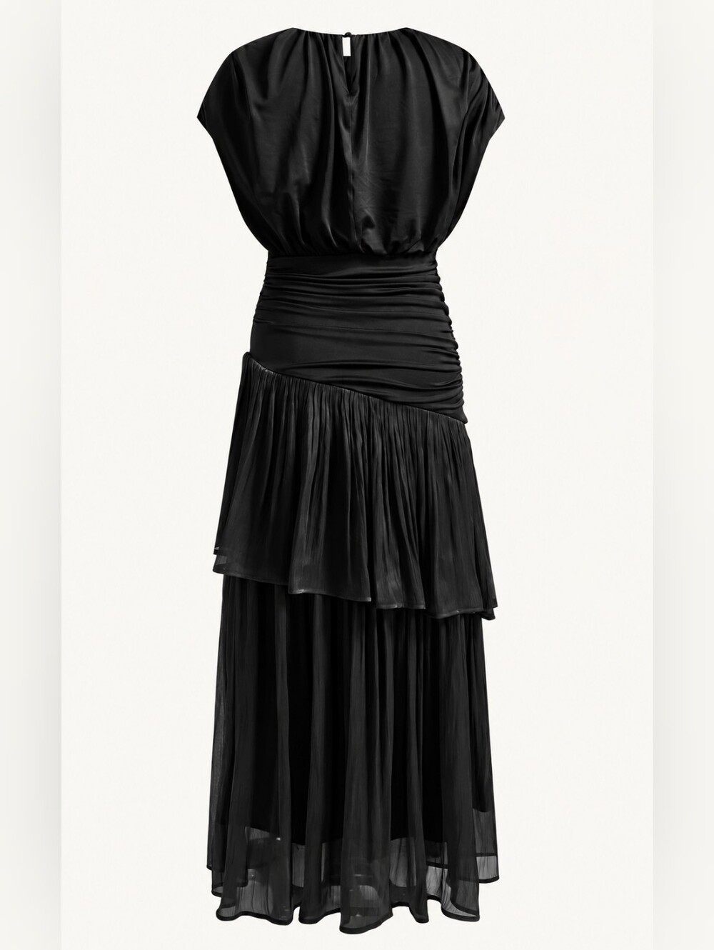 New Luxe Ruched Blouson Dropped Waist Tiered Maxi Dress Black - Picture 9 of 13